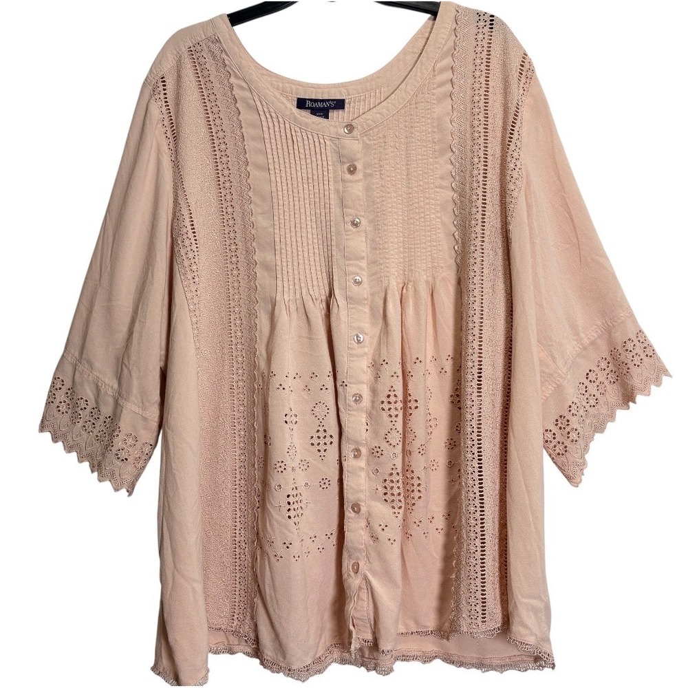 Roaman's Eyelet Blouse Womens 30W Pink Pintuck Lace Button Front Top